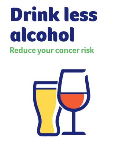 Two icons of a beer cup and wine glass with the text 'drink less alcohol reduce your cancer risk'
