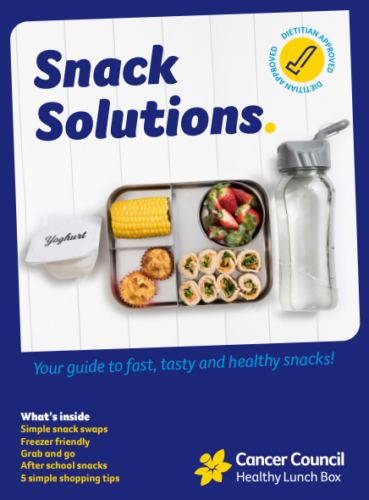 A picture of a healthy lunch box with a bottle of water an yoghurt pottle. Text says 'Snack Solutions'