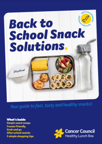Image of a lunch box, drink bottle and yoghurt with the text saying 'back to school snack solutions'