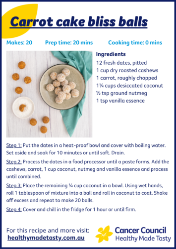A screenshot of a nutrition snippet featuring a recipe for carrot cake bliss ball