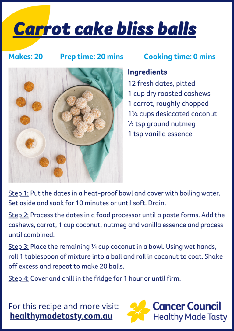 A screenshot of a nutrition snippet featuring a recipe for carrot cake bliss ball
